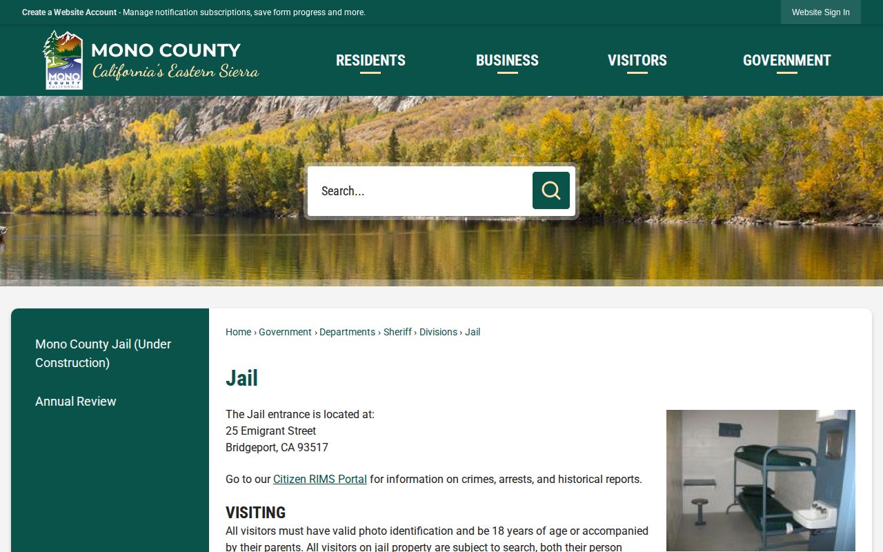 Official Mono County Jail information page with Citizen RIMS access
