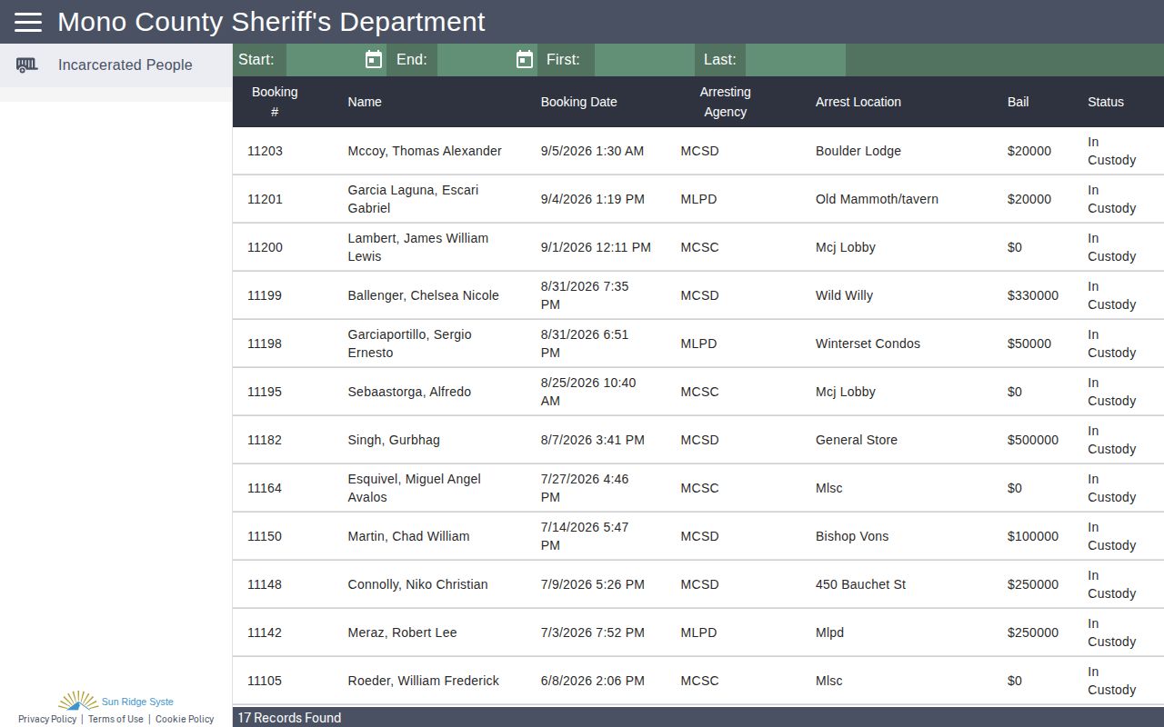 Mono County Citizen RIMS public custody portal