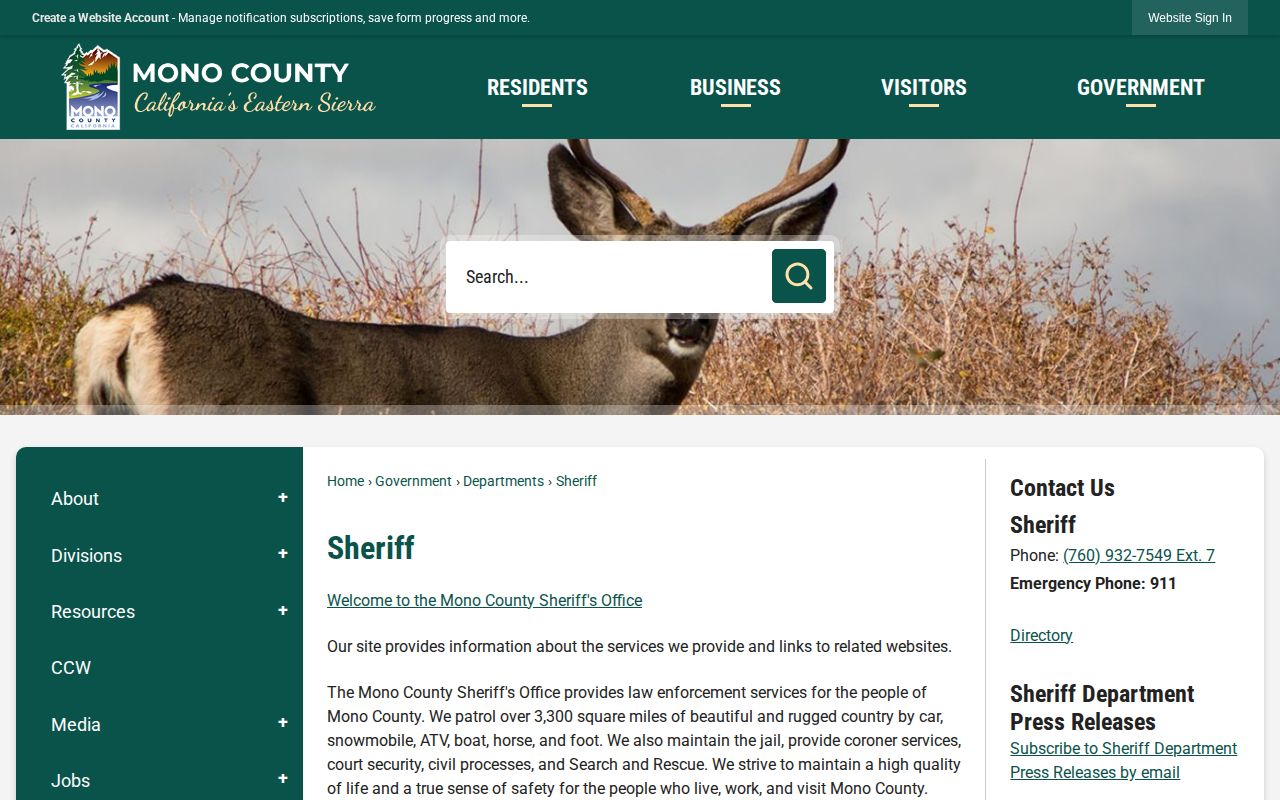 Mono County Sheriff links page with county custody resources