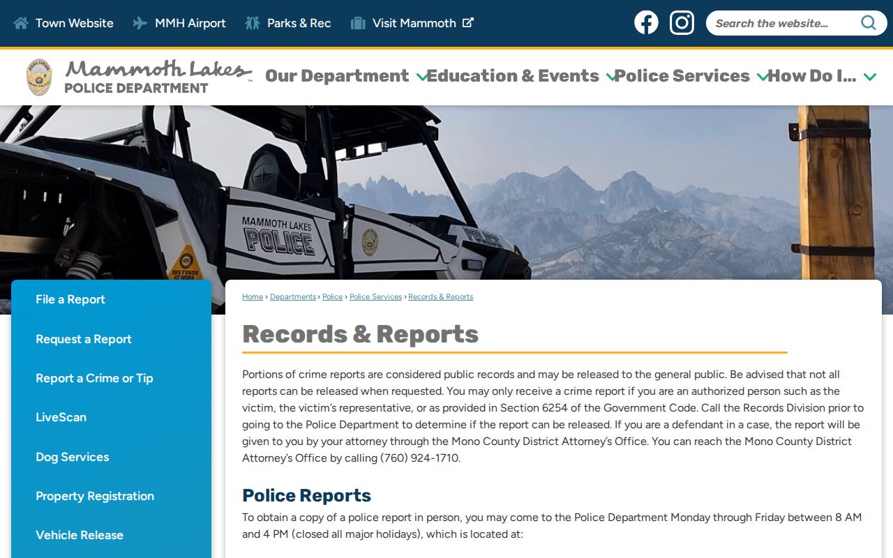 Mammoth Lakes Police Records and Reports request page