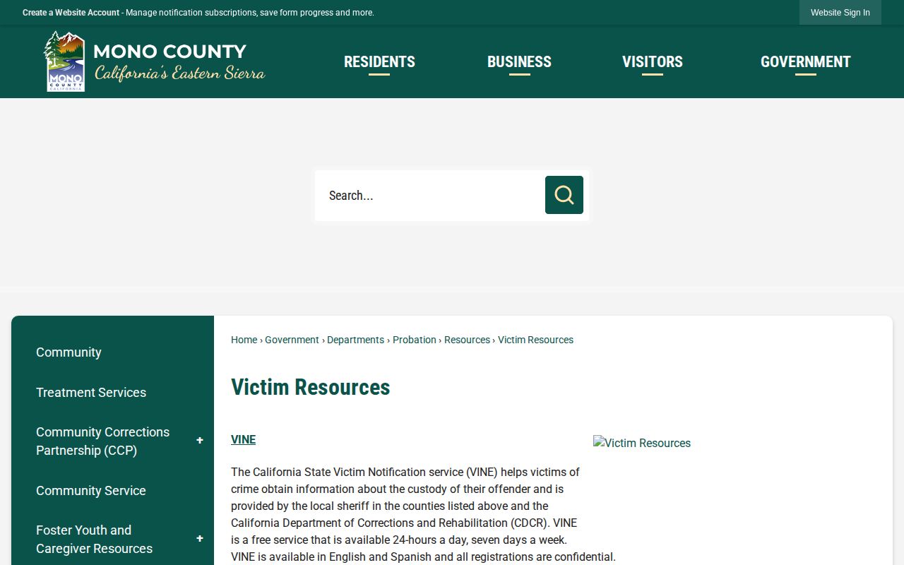 Mono County victim resources for VINE custody alerts
