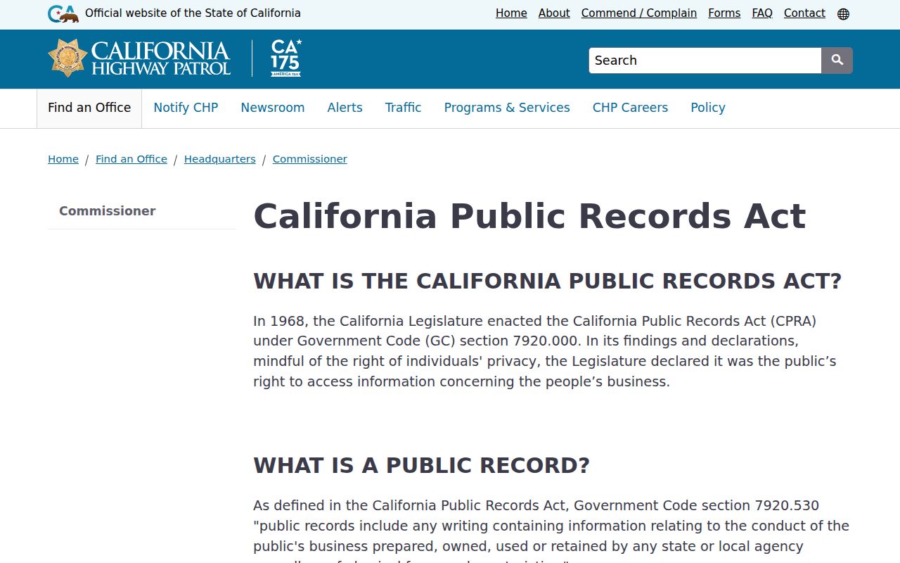 California Public Records Act official overview