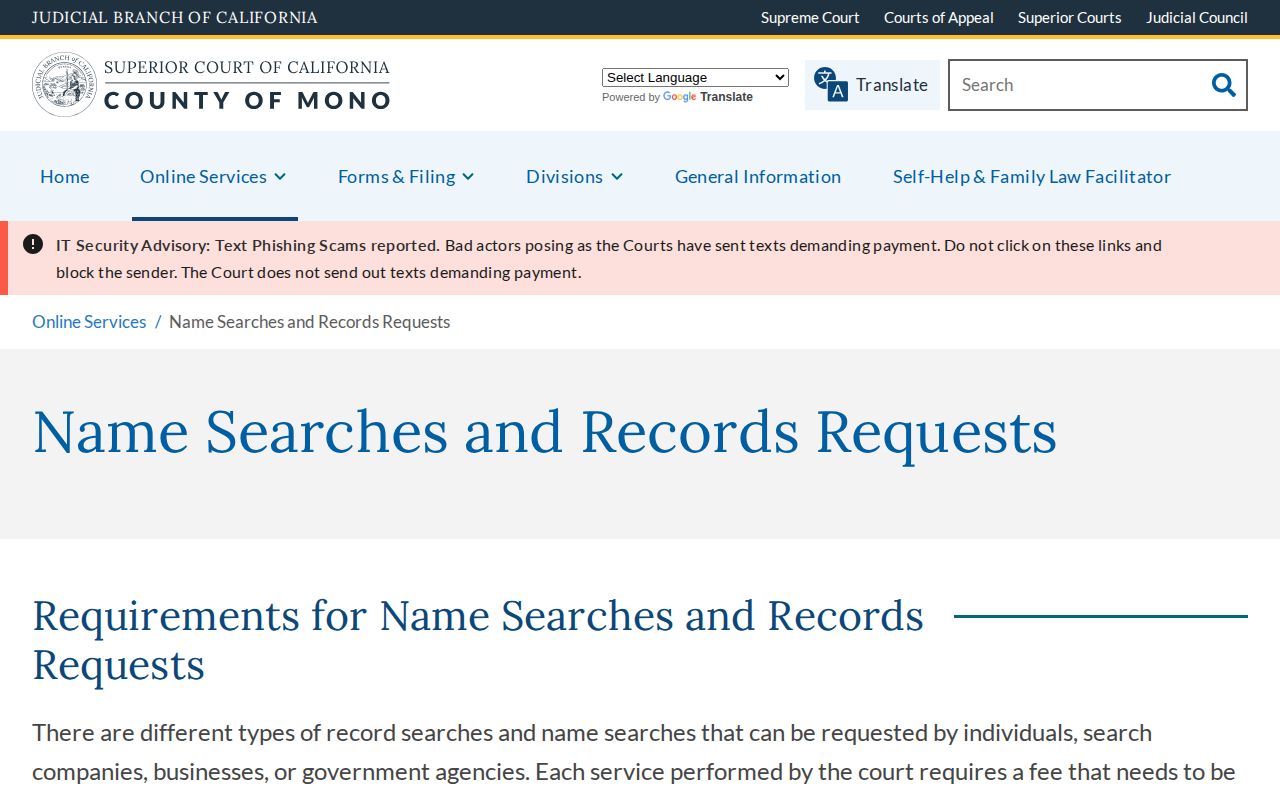 Mono Superior Court name searches and records requests page